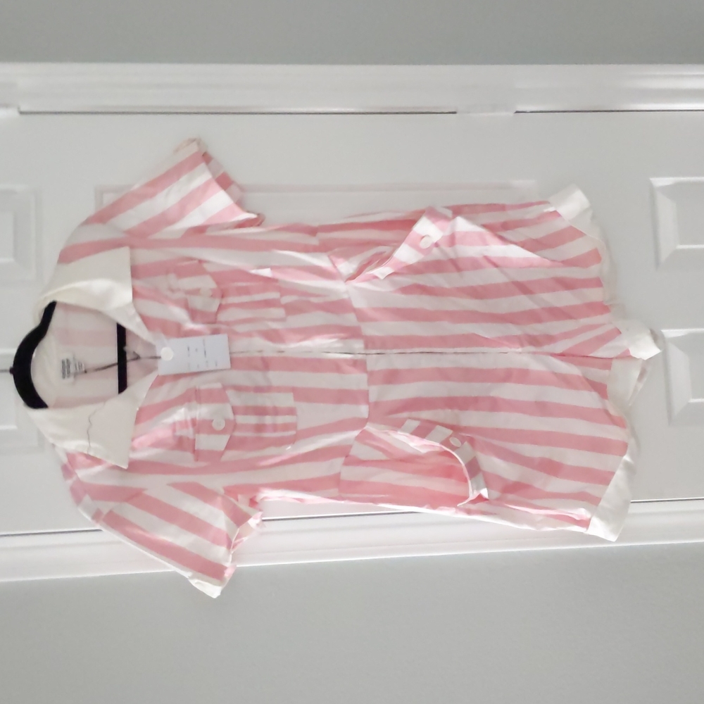 Unique Vintage Pink and White Striped Short Sleeve Romper